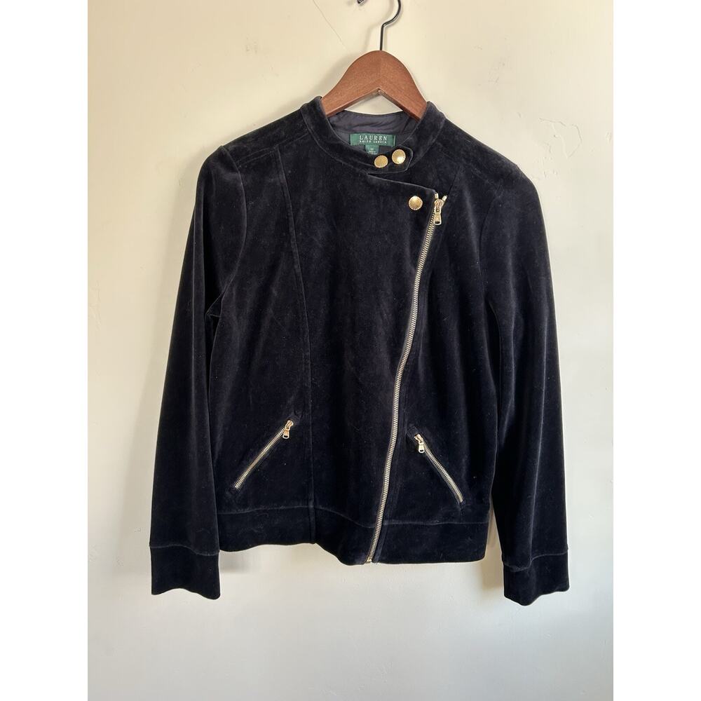 Lauren Ralph Lauren Velour Moto Jacket Womens M Navy Zip Biker Velvet - Picture 10 of 14